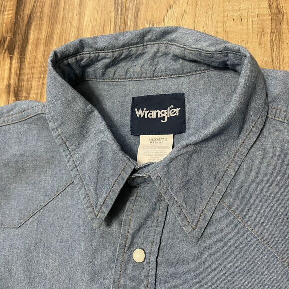 Wrangler Western Pearl Snap Light Wash Denim Long Sleeve Shirt Mens XXL - Picture 3 of 11